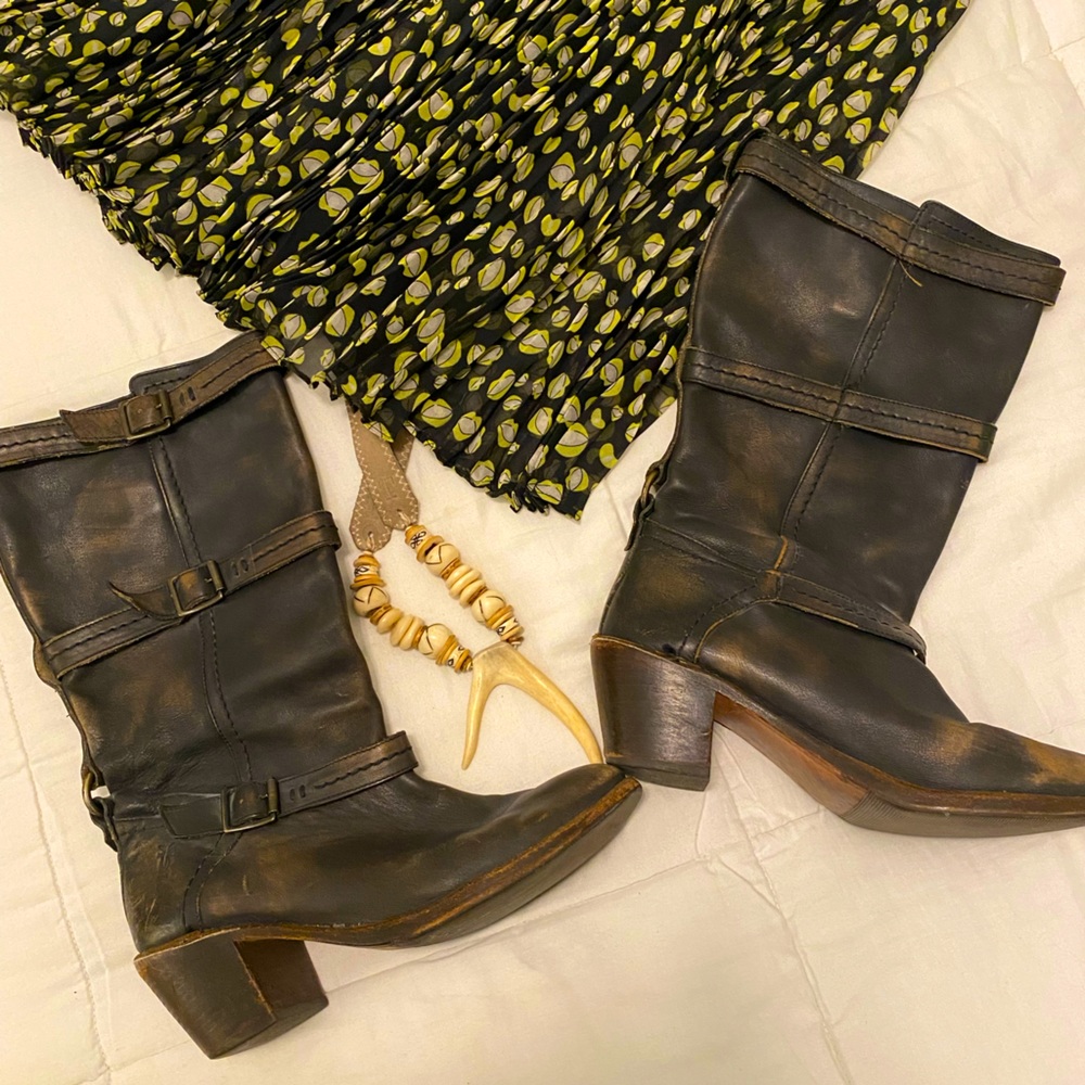 Frye Distressed Black Buckle Boots